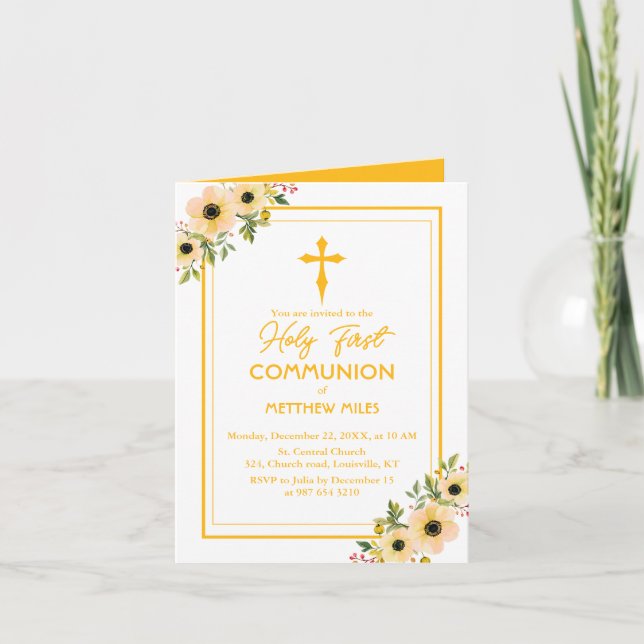 Invitation Élégante communion florale première catholique (Devant)