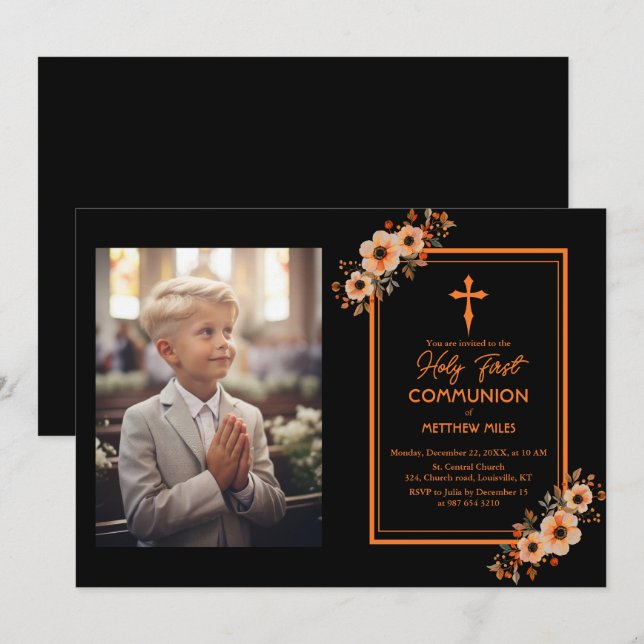 Invitation Élégante communion florale première catholique (Devant / Derrière)