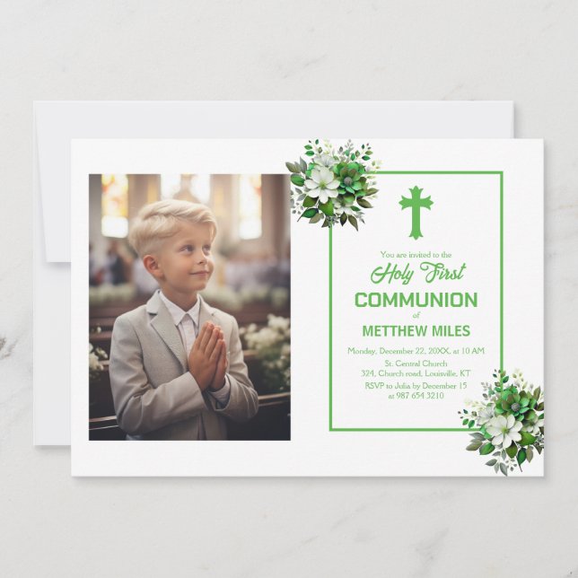 Invitation Élégante communion florale première catholique (Devant)