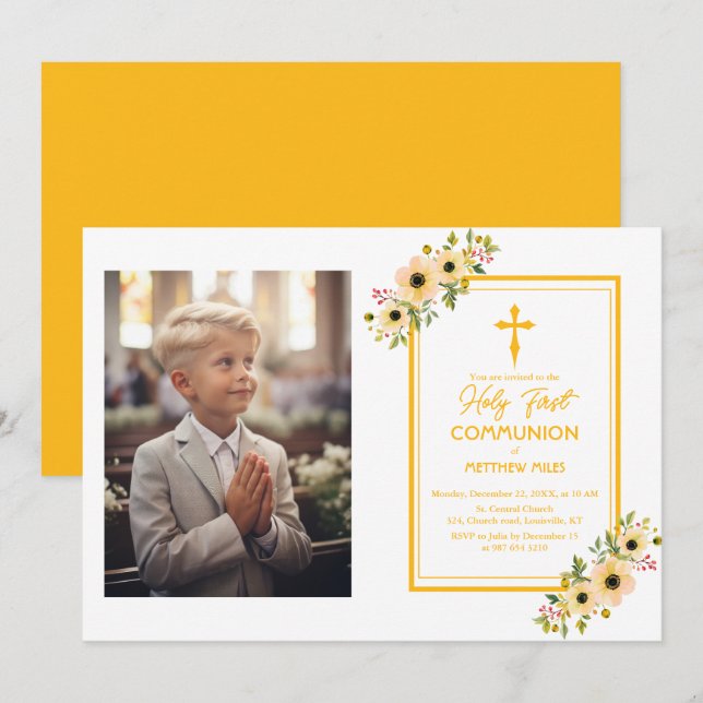 Invitation Élégante communion florale première catholique (Devant / Derrière)