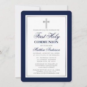 Invitation Élégante Communion Sainte Bleue et Argent