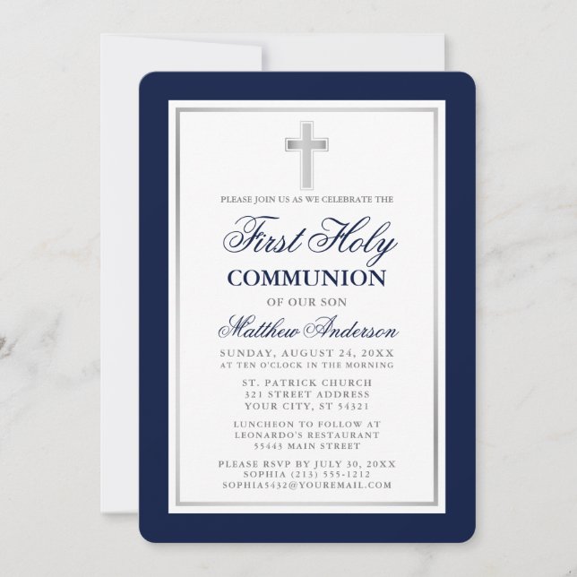Invitation Élégante Communion Sainte Bleue et Argent (Devant)