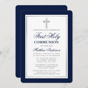 Invitation Élégante Communion Sainte Bleue et Argent