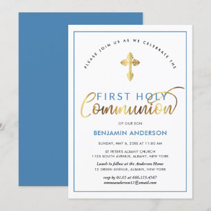 Invitation Élégante Communion Sainte Bleue Et Or
