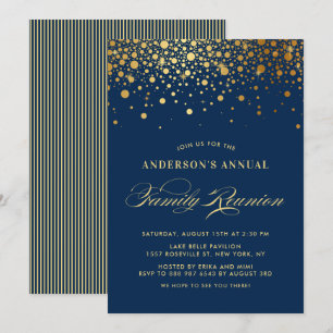 Invitation Elégante Confetti Gold Foil Blue Famille Réunion