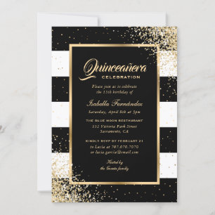 Invitation Elégante Confetti Quinceañera en or noir moderne