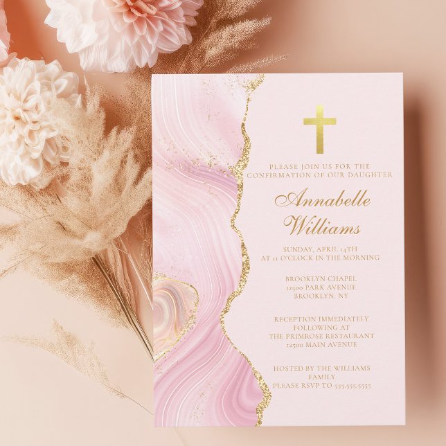 Invitation Élégante Confirmation Cross Pink Gold Agate Party (Créateur téléchargé)
