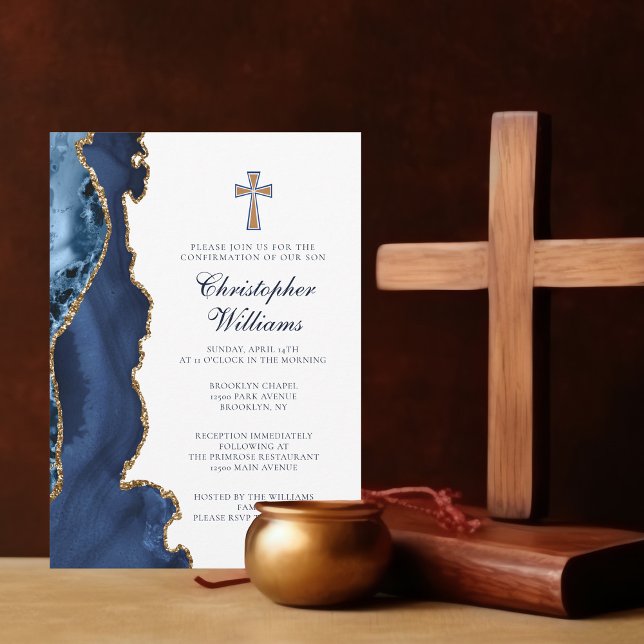 Invitation Élégante confirmation Marine Blue Gold Agate (Créateur téléchargé)