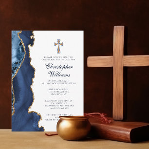 Invitation Élégante confirmation Marine Blue Gold Agate