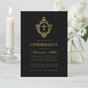 Invitation Élégante confirmation Vintage Black Faux Gold Cres