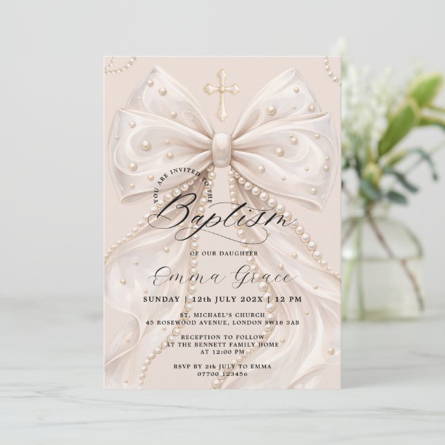 Invitation Elégante Coquette Perle Arc Baptême (Debout devant)