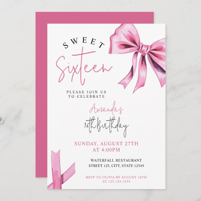 Invitation Élégante Coquette Rose Bow Sweet 16 Anniversaire (Devant / Derrière)