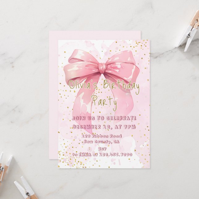 Invitation Elégante Coquette Rose Girly Bow Anniversaire (Devant/Arrière en situation)