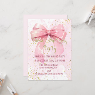Invitation Elégante Coquette Rose Girly Bow Anniversaire