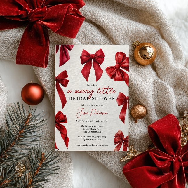 Invitation Élégante coquette rouge annonce Noël hiver nuptial (Elegant Red Coquette Bows Christmas Winter Bridal Invitation)