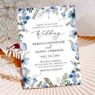 Invitation Elégante couleur bleu azur Mariage floral