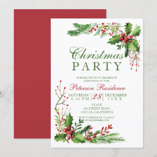 Invitation Elégante couleur d'eau rouge vert de Noël
