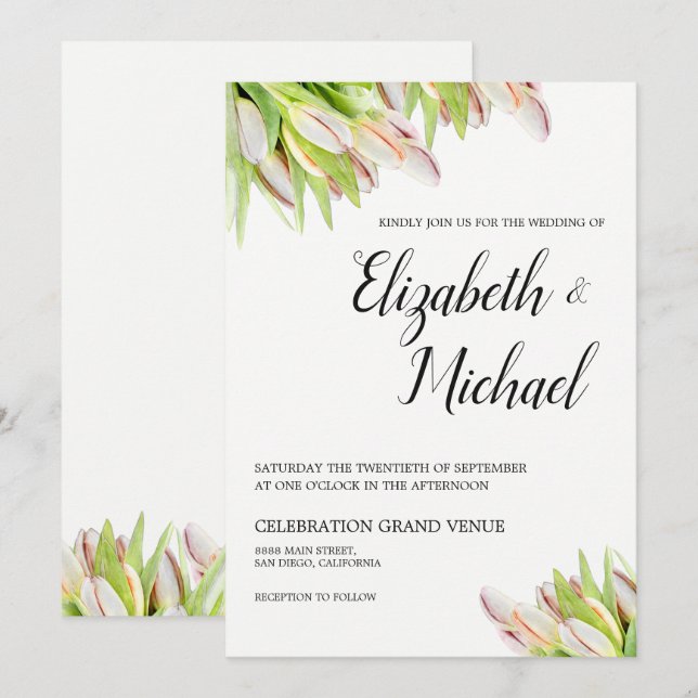 Invitation Elégante couleur rose et vert Mariage Tulipe (Devant / Derrière)