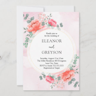 Invitation Elégante couleur rose pâle fleurs mariage