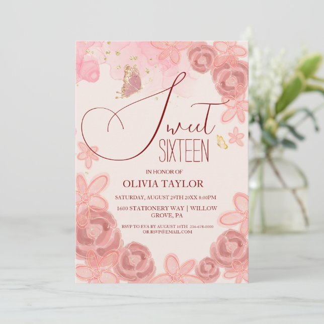 Invitation Elégante couleur rose rose moderne Sweet 16 (Debout devant)