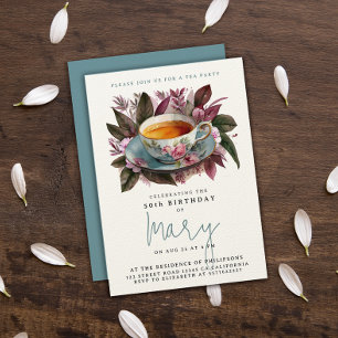 Invitation Elégante Coupe Bourgogne de Tea Party Floral Aquar