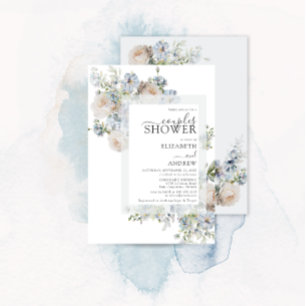 Invitation Elégante Couples Floral Bleu Dusty Douche