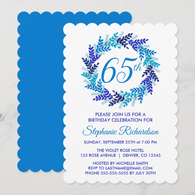 Invitation Élégante couronne bleue 65e anniversaire (Devant / Derrière)