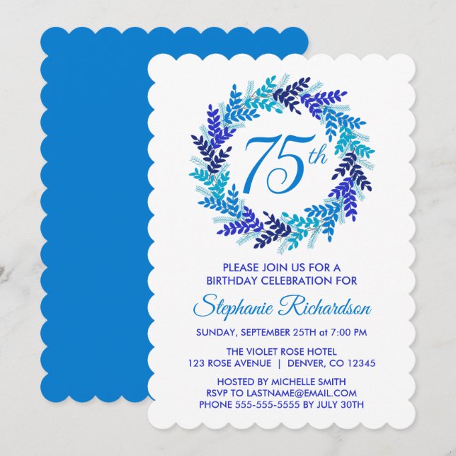 Invitation Elégante couronne bleue 75e fête d'anniversaire (Devant / Derrière)