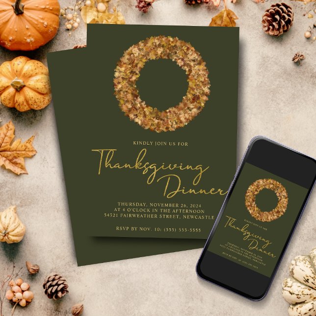 Invitation Élégante couronne d'automne de Thanksgiving rustiq (Elegant Rustic Thanksgiving Autumn Wreath on Green Invitation)