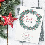 Invitation Élégante couronne de Noël vert bleu rouge<br><div class="desc">Élégante invitation à la fête de Noël à fleurs rouges et vertes avec feuilles d'aquarelle,  mistléoris,  baies en branches de pin rouge et rose et vert et bleu.</div>