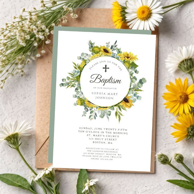 Invitation Élégante couronne de tournesol vert Sage (Elegant Sage Green Sunflower Wreath Invitation)