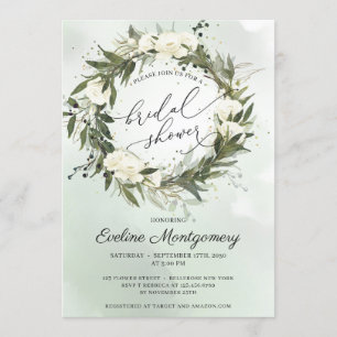 Invitation Élégante couronne d'olive verte Roses blanches