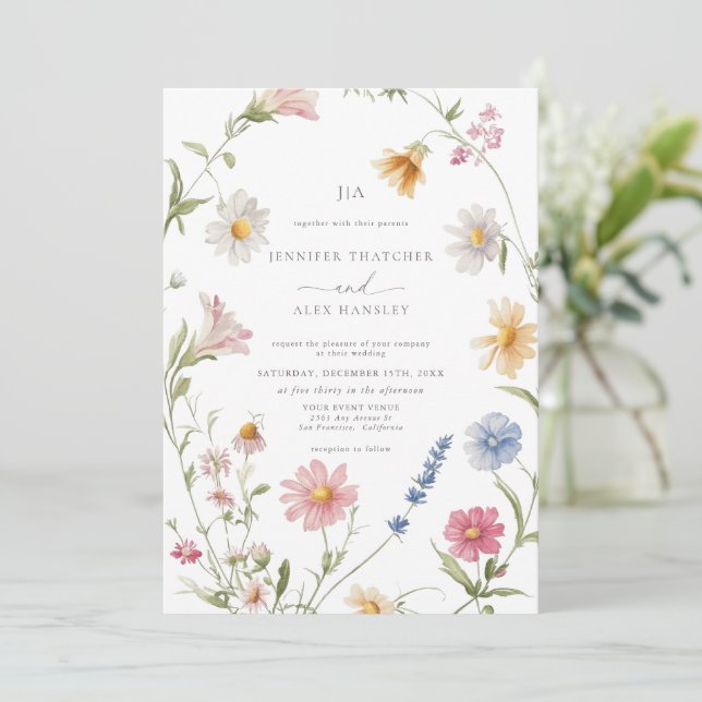 Invitation Élégante couronne florale | Mariage Rsvp Code Qr (Debout devant)