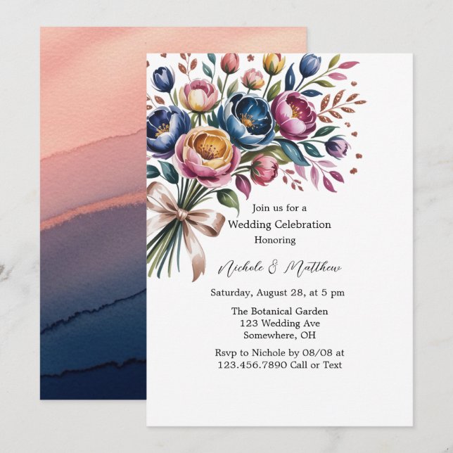 Invitation Élégante couronne Florale Pour Célébration Mariage (Devant / Derrière)