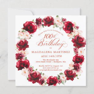Invitation Élégante couronne florale rose rouge 100e annivers