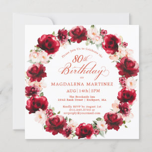 Invitation Élégante couronne florale rose rouge 80e anniversa