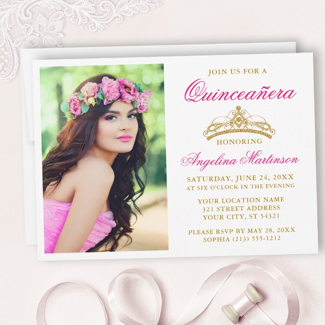 Invitation Élégante Couronne rose chaud photo Quinceanera (Customize to change text size, style, color or to add text or more photos to back of card.)