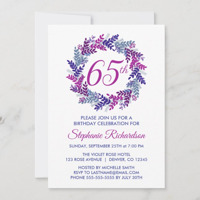 Invitation Élégante couronne rose et pourpre 65e anniversaire (Devant)