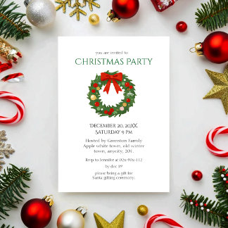 Invitation Élégante couronne verte avec fête de Noël de la Bo