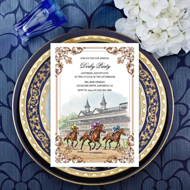 Invitation Élégante course Vintage de cheval Derby Party (Elegant Horse racing derby party invitation)