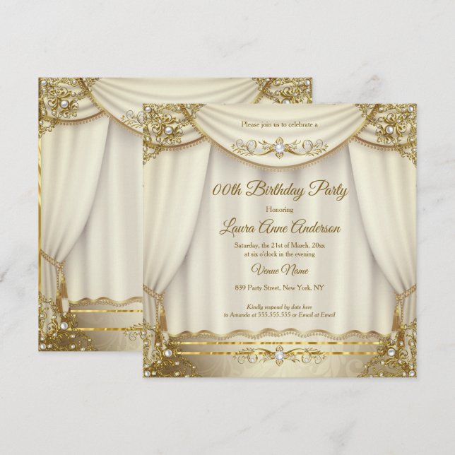 Invitation Elégante Crème Beige Or Perle Drapes Anniversaire (Devant / Derrière)