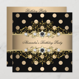 Invitation Elégante Crème Beige Or Polka Noir Anniversaire
