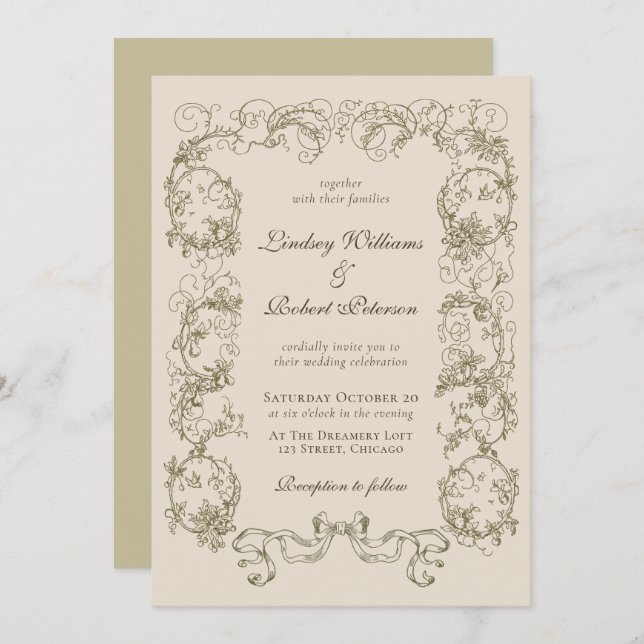 Invitation Elégante crème beige Vintage Mariage ornée (Devant / Derrière)