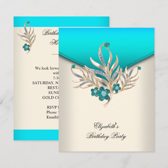 Invitation Elégante Crème Bleue Turquoise Bijou Blanc Fête d' (Devant / Derrière)