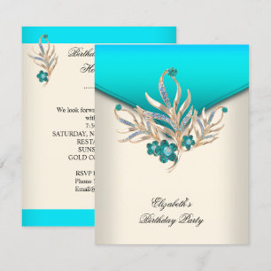 Invitation Elégante Crème Bleue Turquoise Bijou Blanc Fête d'