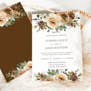 Invitation Elégante Crème Brown Roses Floral Vert Mariage