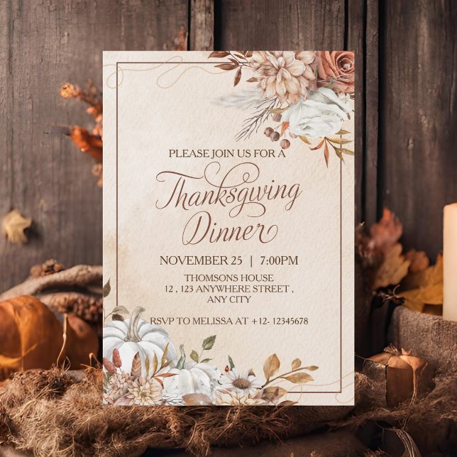 Invitation Elégante Crème Brown Rustique Floral Thanksgiving (Créateur téléchargé)