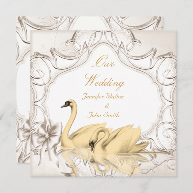Invitation Elégante Crème de mariage Or Blanc Swans Bow Set (Devant / Derrière)