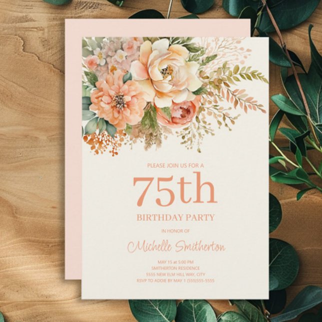 Invitation Elégante Crème de Pêche Florale 75e anniversaire (Peach and cream watercolor floral 75th birthday party invitation)
