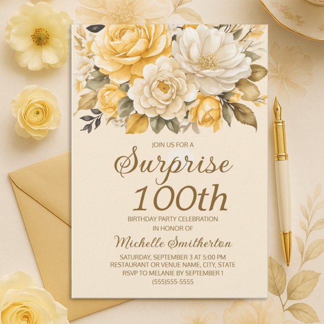 Invitation Elégante Crème d'ivoire jaune Floral Surprise 100e (Yellow and cream floral 100th birthday party invitation)